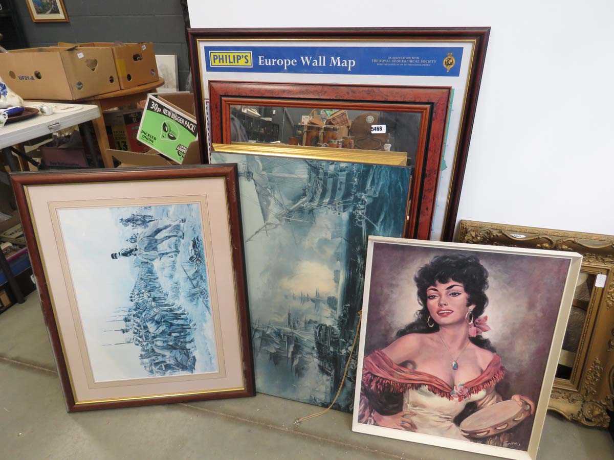 Qty of maps, mirrors, prints of cavalry officers, sea battle and a raven haired lady with