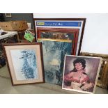 Qty of maps, mirrors, prints of cavalry officers, sea battle and a raven haired lady with