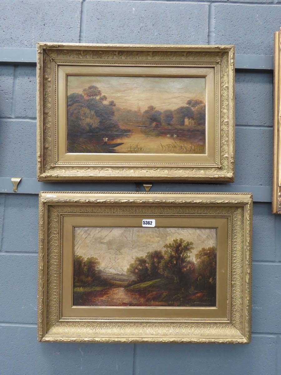 Pair of gold framed oils on canvas, country scenes with willows and lakes