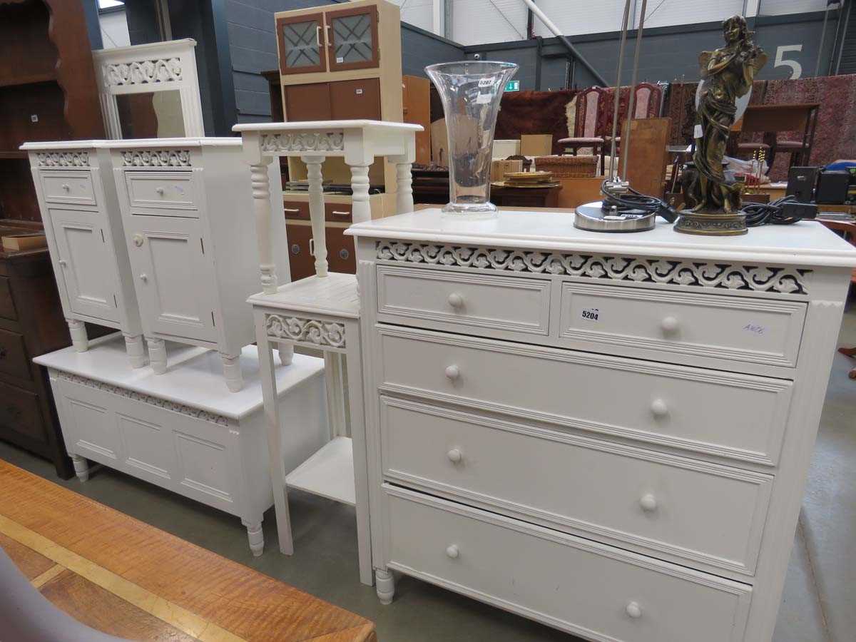 Qty of white painted bedroom furniture to include chest of drawers, pair of bedside cabinets,