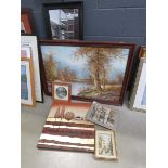 Quantity of prints and paintings incl. Venetian scene, cityscape, woodland with pond and narrow