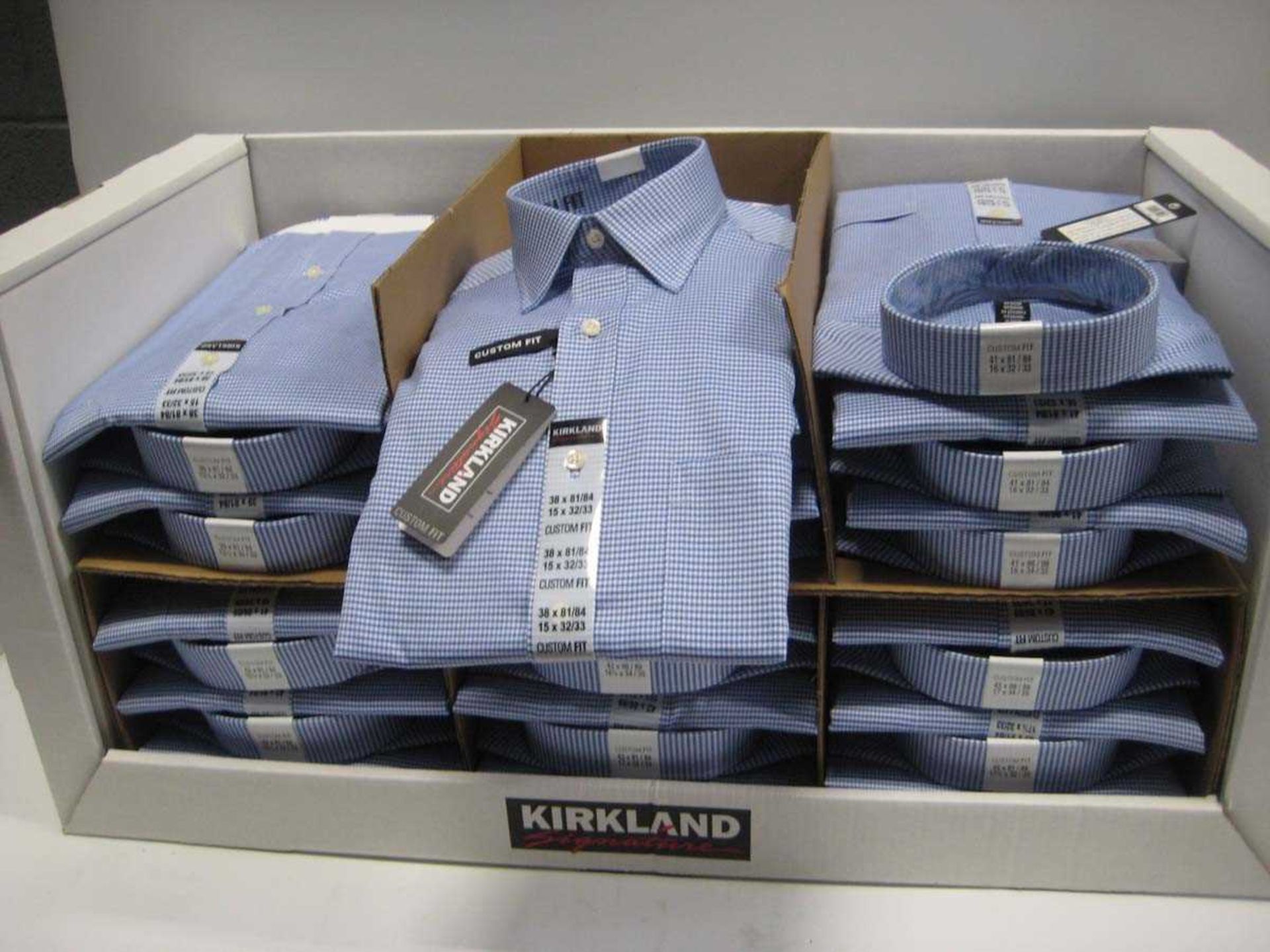 +VAT Box containing approx. 30 Kirkland Signature blue check shirts, sizes 15.5 - 17.5