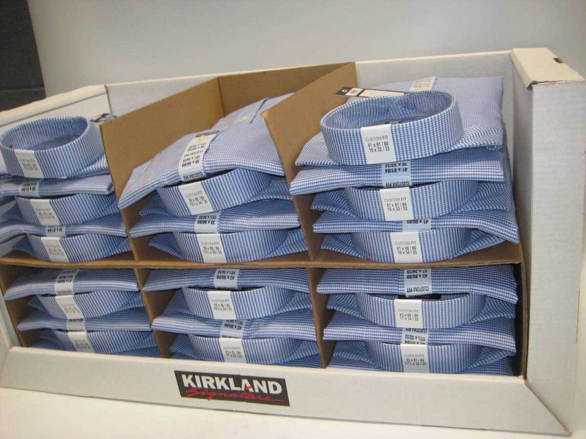 +VAT Box containing approx. 30 Kirkland Signature blue check shirts, sizes 15.5 - 17.5