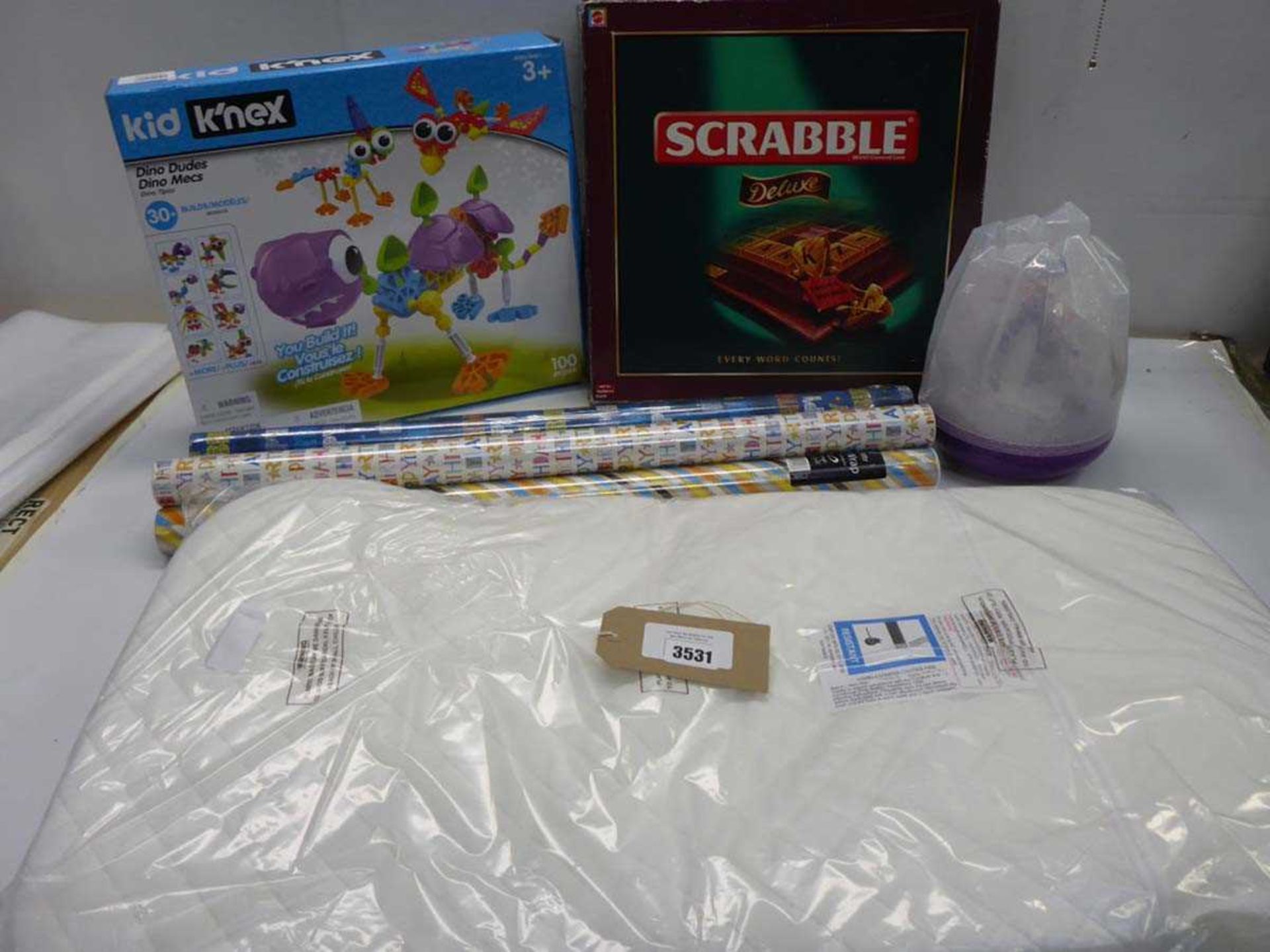+VAT Scrabble Deluxe board game, Kid K'nex set, gift wrap and cot bed