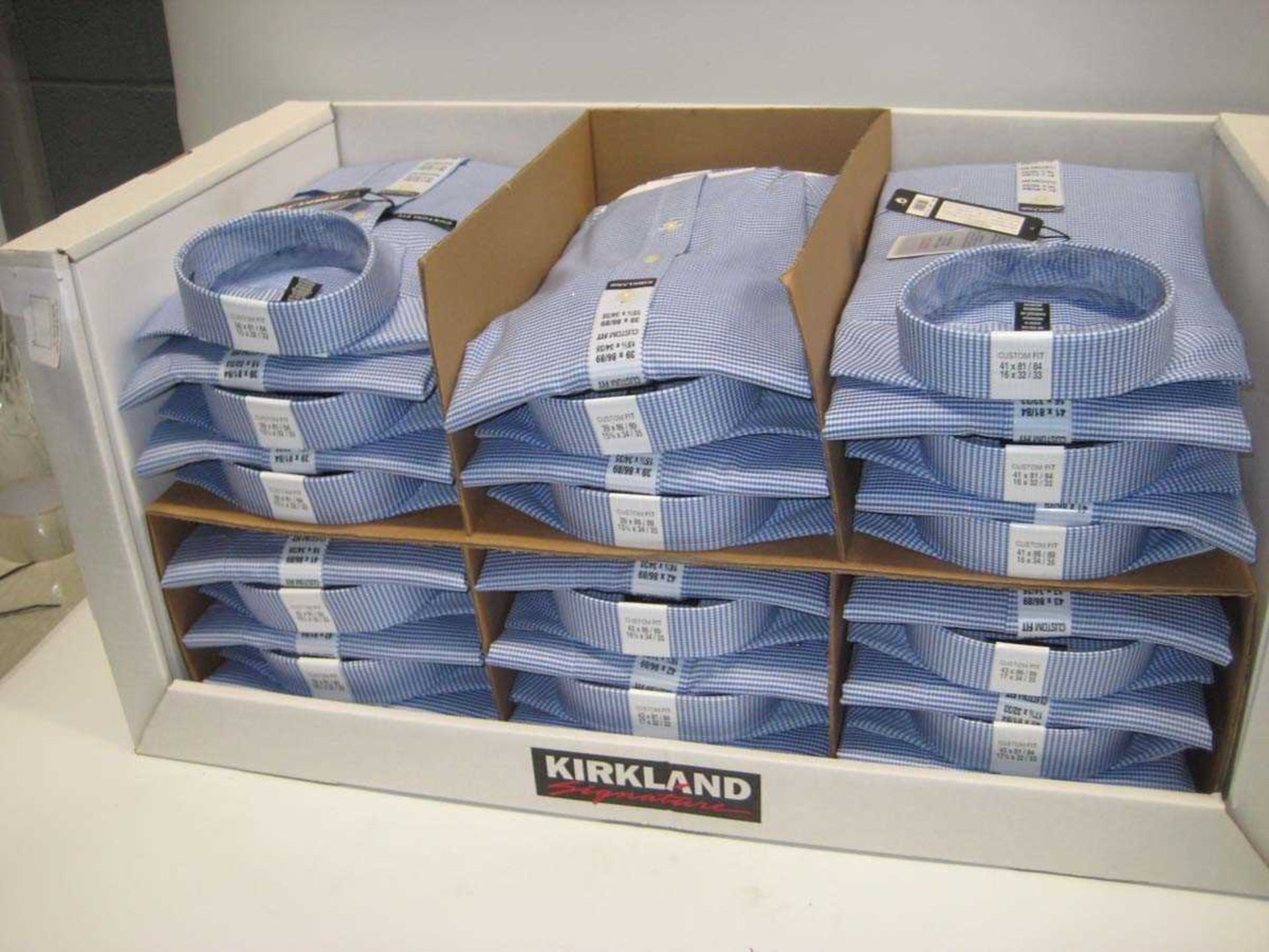 +VAT Box containing approx. 30 Kirkland Signature blue check shirts, sizes 15.5 - 17.5