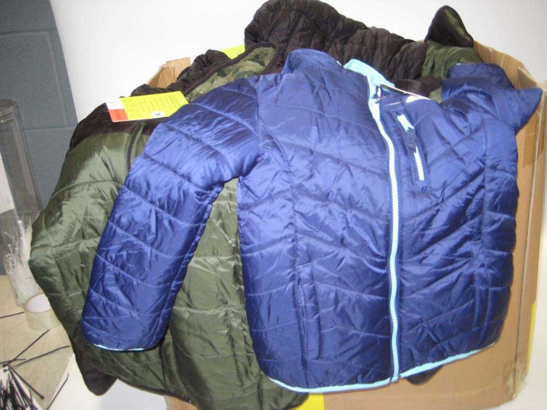 Box containing 22 kids quilted and hooded jackets by Eddie Bauer, various sizes, some in blue and
