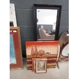 Rectangular mirror, modern Tuscan wall hanging, oil on canvas of Venetian scene and a print of