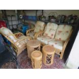 Cane 3-piece conservatory suite comprising 2-seater sofa, 2 armchairs, and 3 sidetables