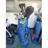 Blue Maxfli golf bag containing Derry golf clubs