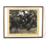 C.. Panting,Hunters running from a buffalo,signed,monochrome watercolour.image 39 x 48 cm,