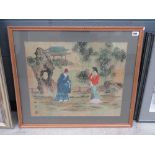 Japanese School,Figures in a bamboo landscape,signed within image,woodblock print,49 x 59