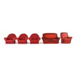 A Sindy red buttoned two-seater sofa and matching armchair and three further armchairs (5)