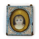 A miniature head and shoulders portrait of a young girl within a gilt metal and champlevé mount, 6 x