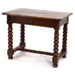 A 17th century-style oak single-drawer side table on bobbin turned supports joined by a cross-