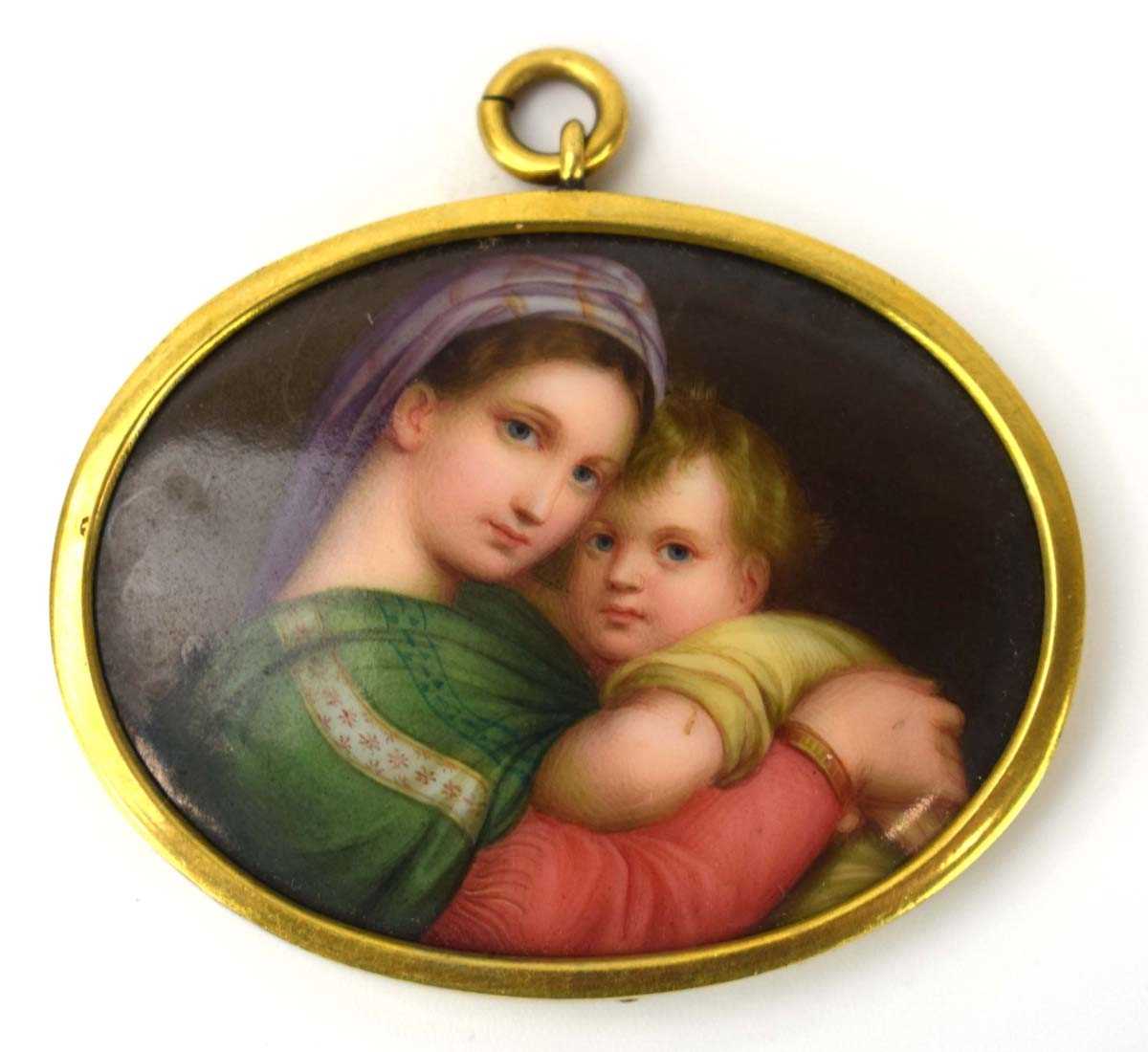 A 19th century miniature head and shoulders portrait of the Madonna and child, 4 x 5 cm, within a