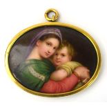 A 19th century miniature head and shoulders portrait of the Madonna and child, 4 x 5 cm, within a