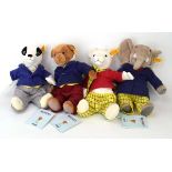 Four plush Steiff Rupert character bears comprising Rupert, Bill Badger, Edward Trunk and Algy