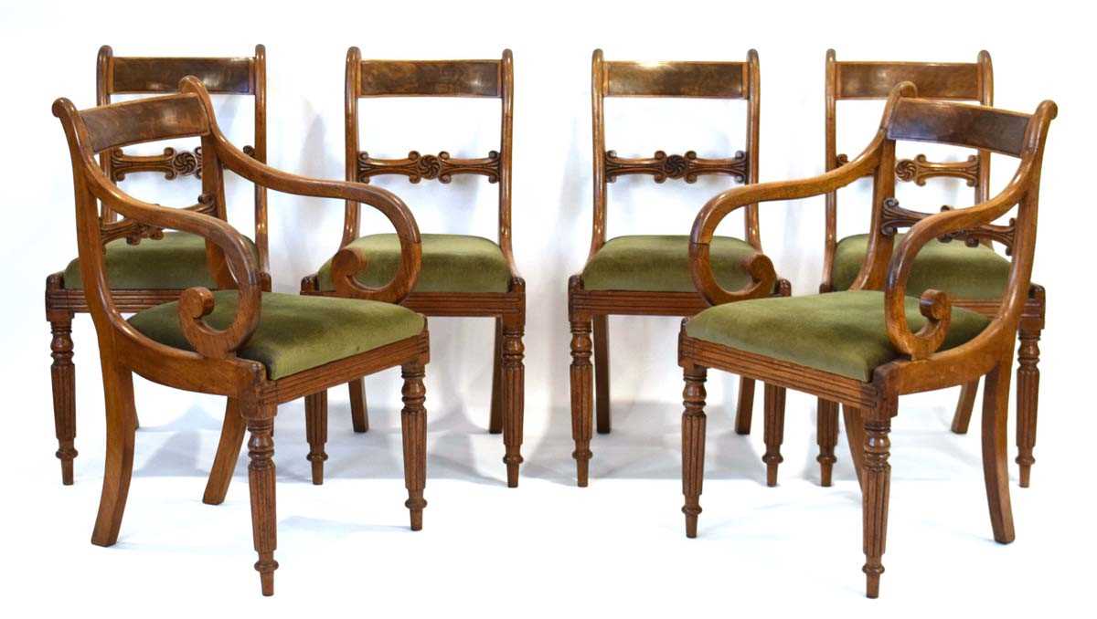 A set of six 19th century mahogany bar back dining chairs on turned front legs, including two