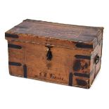 A leather-bound trunk with black metal brackets, inscribed 'C. H. Weaver', l. 65 cm