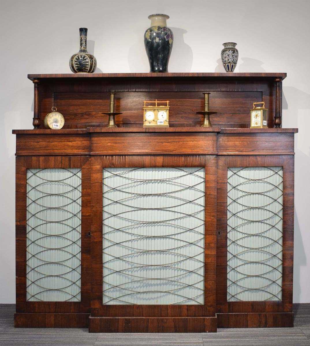 A Regency rosewood breakfast chiffonier, c. 1820, the superstructure over a breakfront with silk - Image 3 of 3