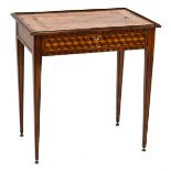 A late 19th century walnut marquetry side table with a single frieze drawer, on square tapering