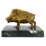 An early 20th century ormolu boar, the eyes mounted with rubies, unsigned, on a marble base, h. 10