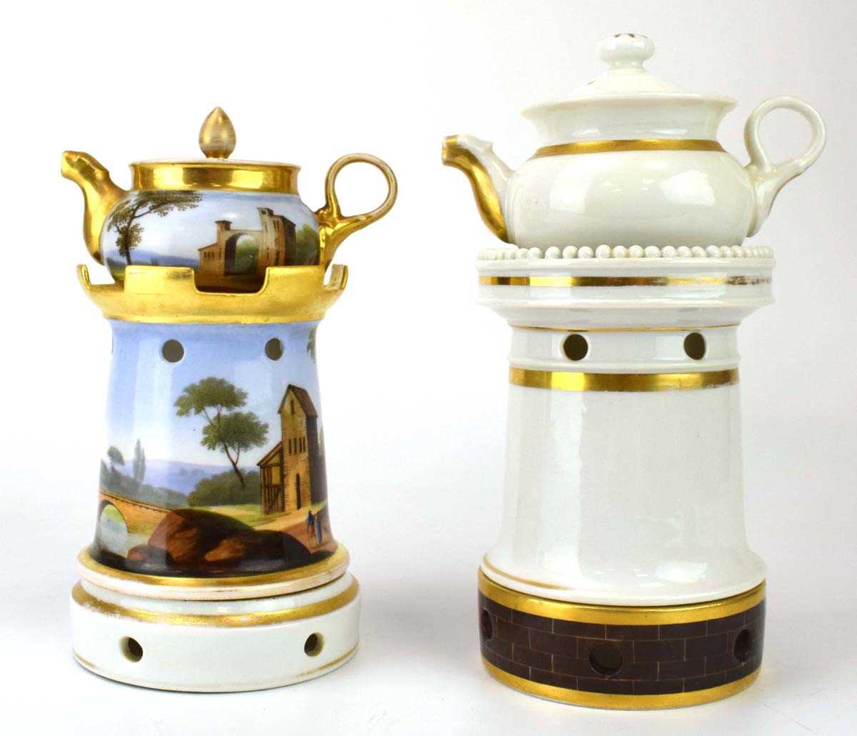 A porcelain veilleuse decorated with estate grounds, together with a similar veilleuse in a plain