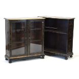 For Restoration: a near pair of 19th century ebonised and brass-inlaid bookcases, decorated with