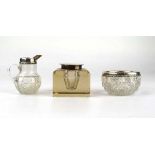 An Edwardian silver mounted clear glass inkwell of square form, Deakin & Francis, Birmingham 1910,