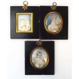 A group of three miniature portraits, two depicting children, one depicting a young lady, all in