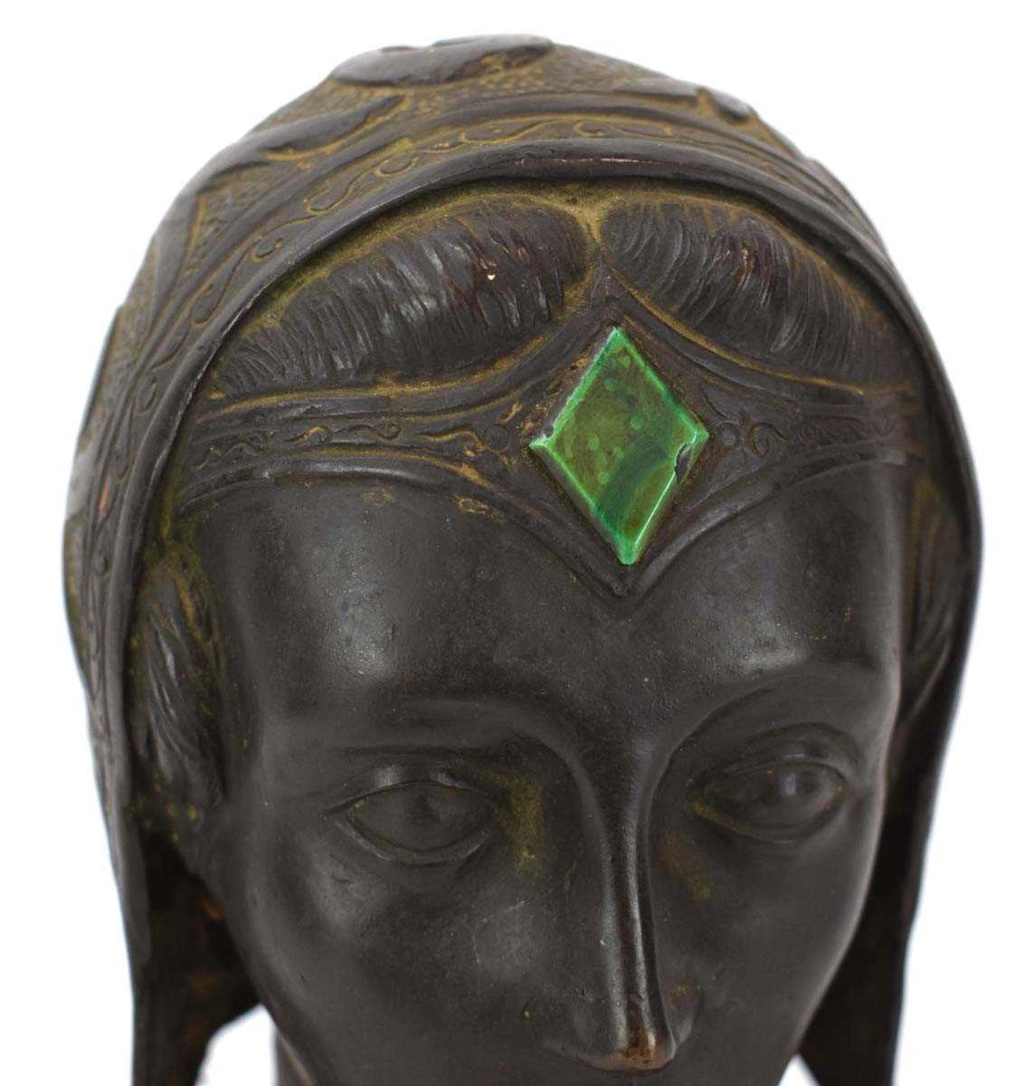An Art Deco brown-patinated cast metal bust modelled as a young lady in a floral bodice and matching - Image 2 of 4