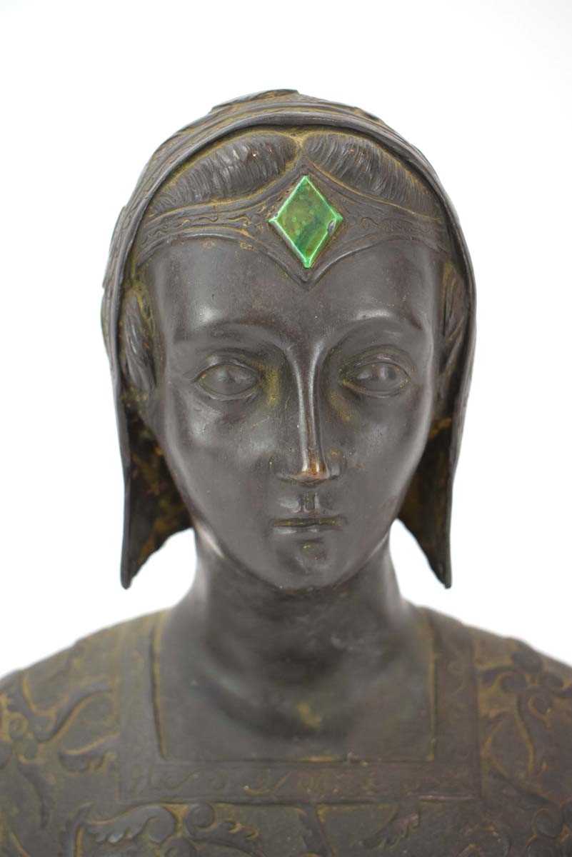 An Art Deco brown-patinated cast metal bust modelled as a young lady in a floral bodice and matching - Image 3 of 4