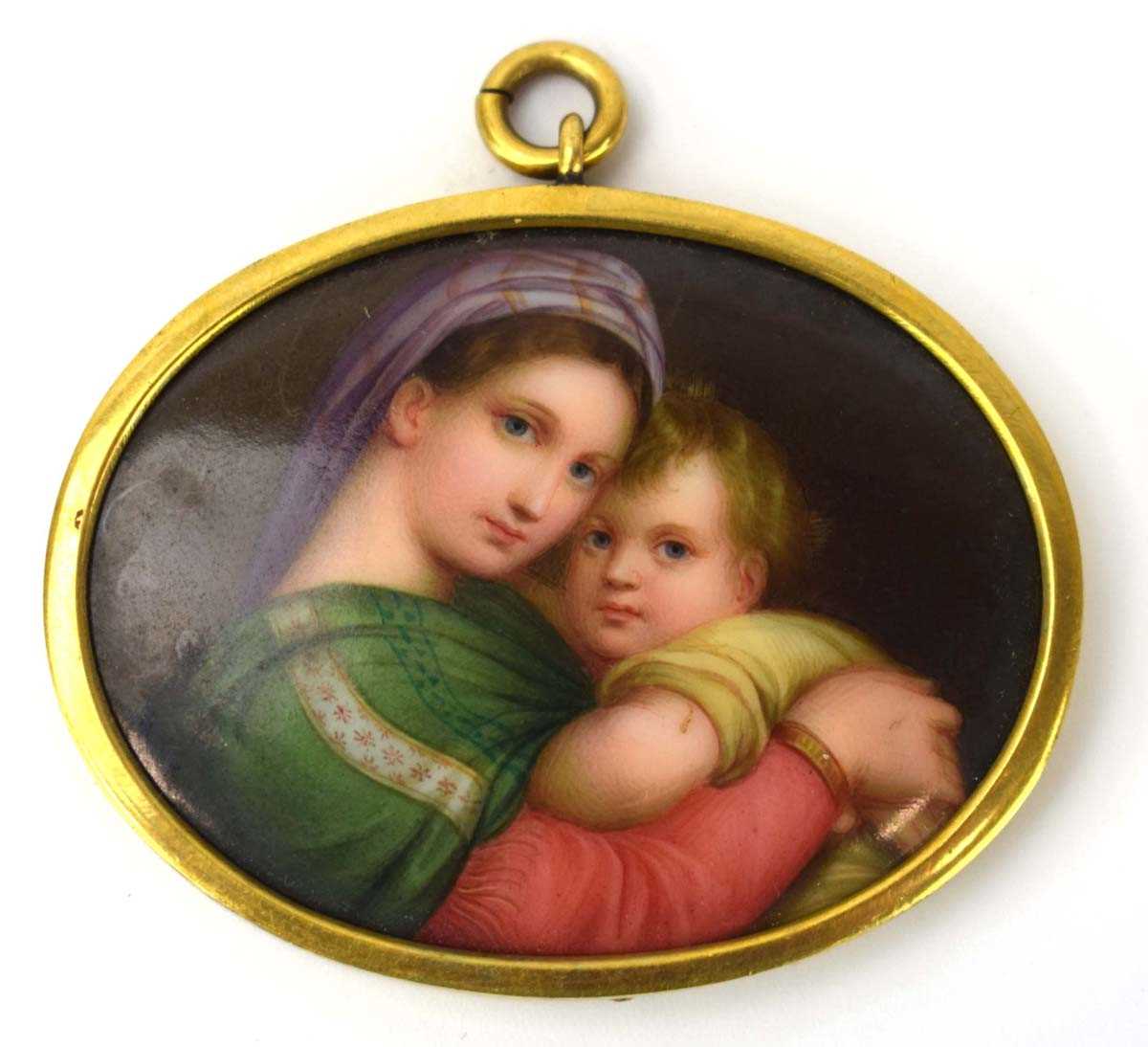 A 19th century miniature head and shoulders portrait of the Madonna and child, 4 x 5 cm, within a - Image 2 of 3