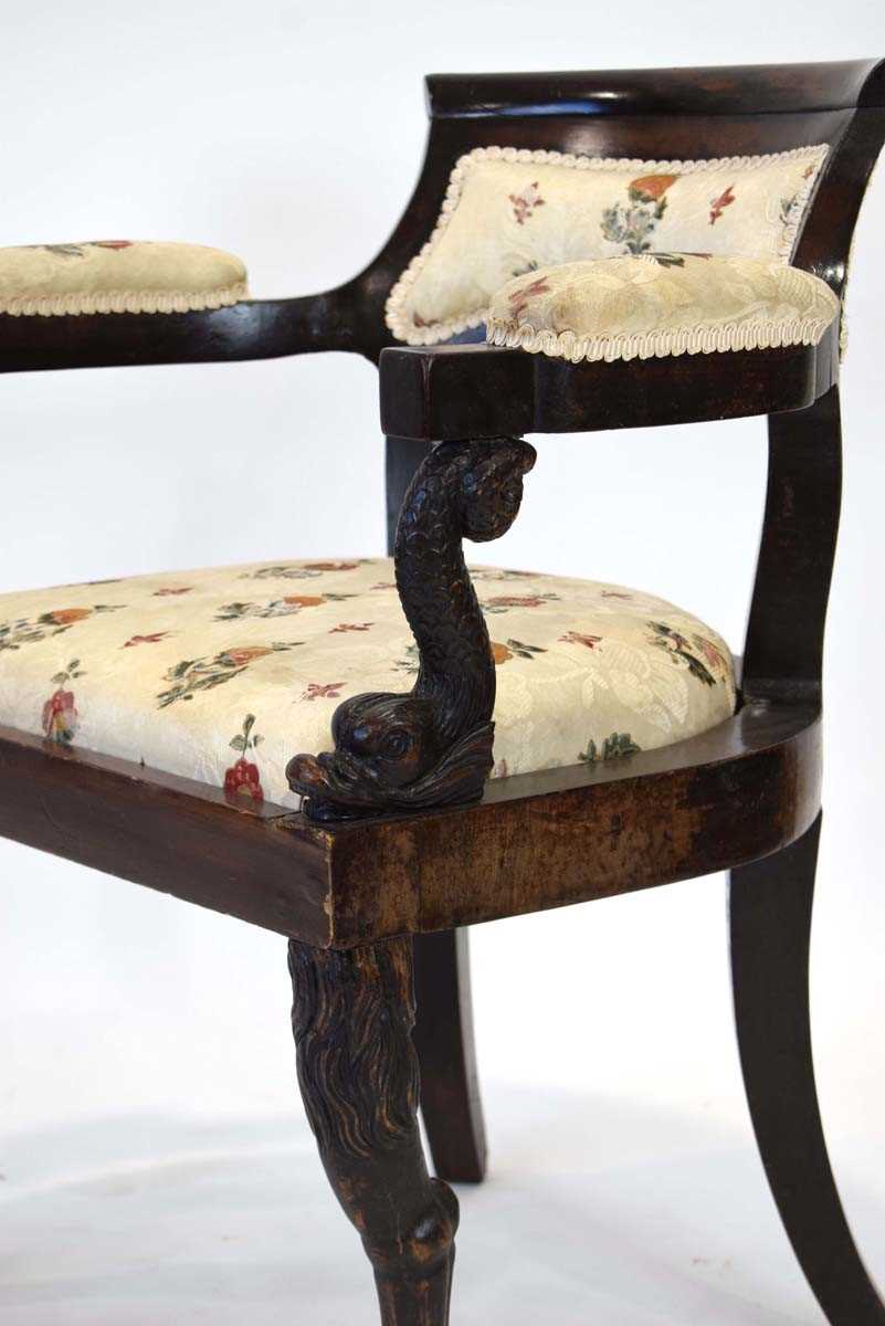 A 19th century mahogany elbow chair with later upholstery, figural dolphin arms and turned legs with - Image 3 of 8