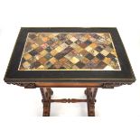 A 19th century specimen table, the surface geometrically inset with hardstone panels, over a
