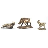 A cast metal figure modelled as a standing wild boar, h. 4.5 cm, together with two further figures