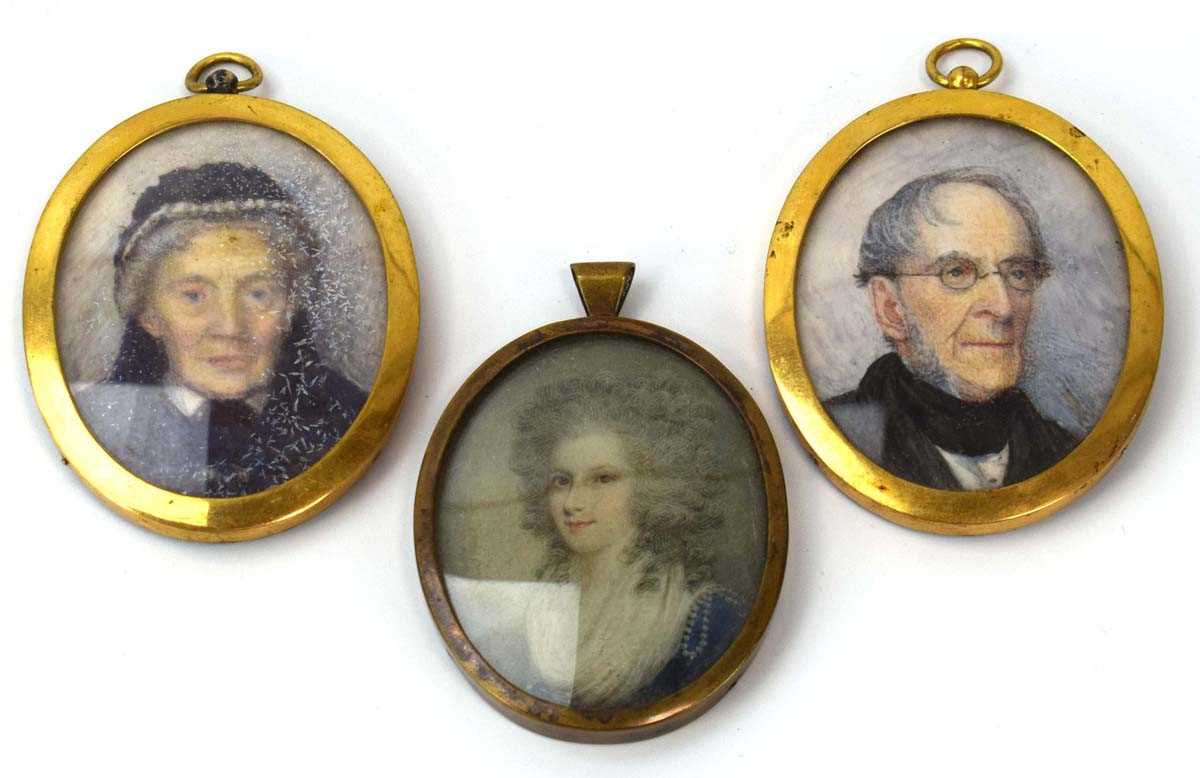 A group of three various 19th century and later miniature portraits depicting an 18th century lady