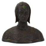 An Art Deco brown-patinated cast metal bust modelled as a young lady in a floral bodice and matching