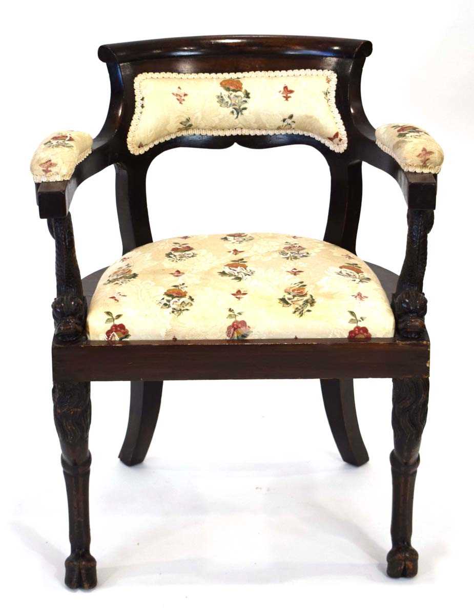 A 19th century mahogany elbow chair with later upholstery, figural dolphin arms and turned legs with - Image 2 of 8