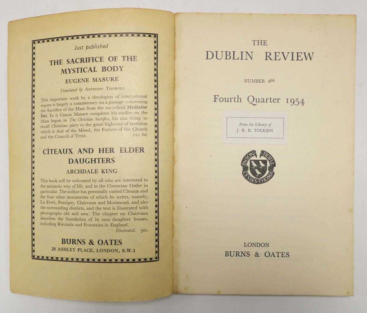 The Dublin Review, Fourth Quarter, 1954. London : Burns & Oates. This copy has Tolkien's initials