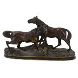 After Pierre-Jules Mene, a pair of bronze horses mounted on a naturalistic base, w. 13 cm