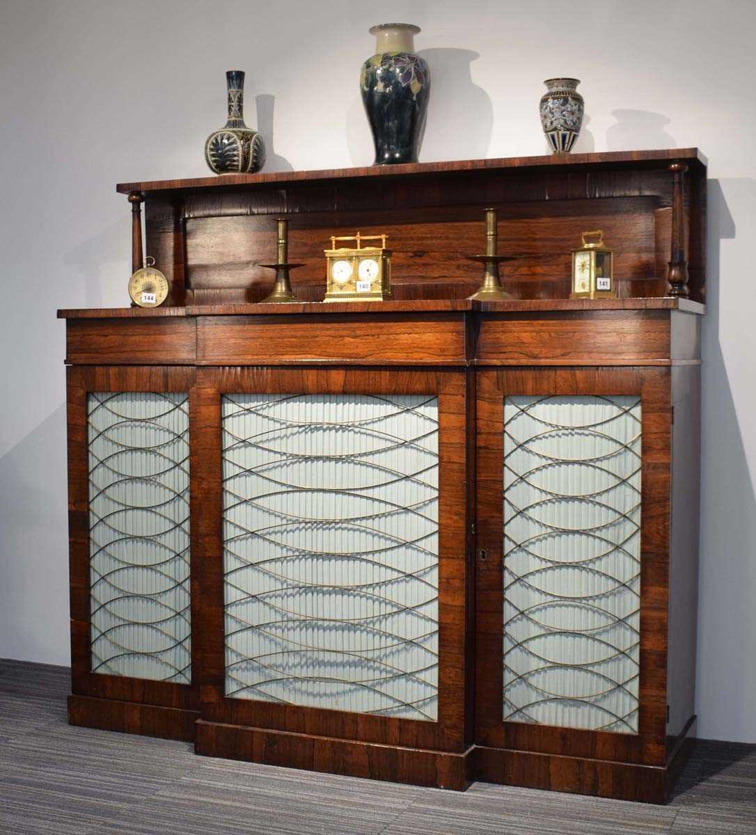 A Regency rosewood breakfast chiffonier, c. 1820, the superstructure over a breakfront with silk - Image 2 of 3