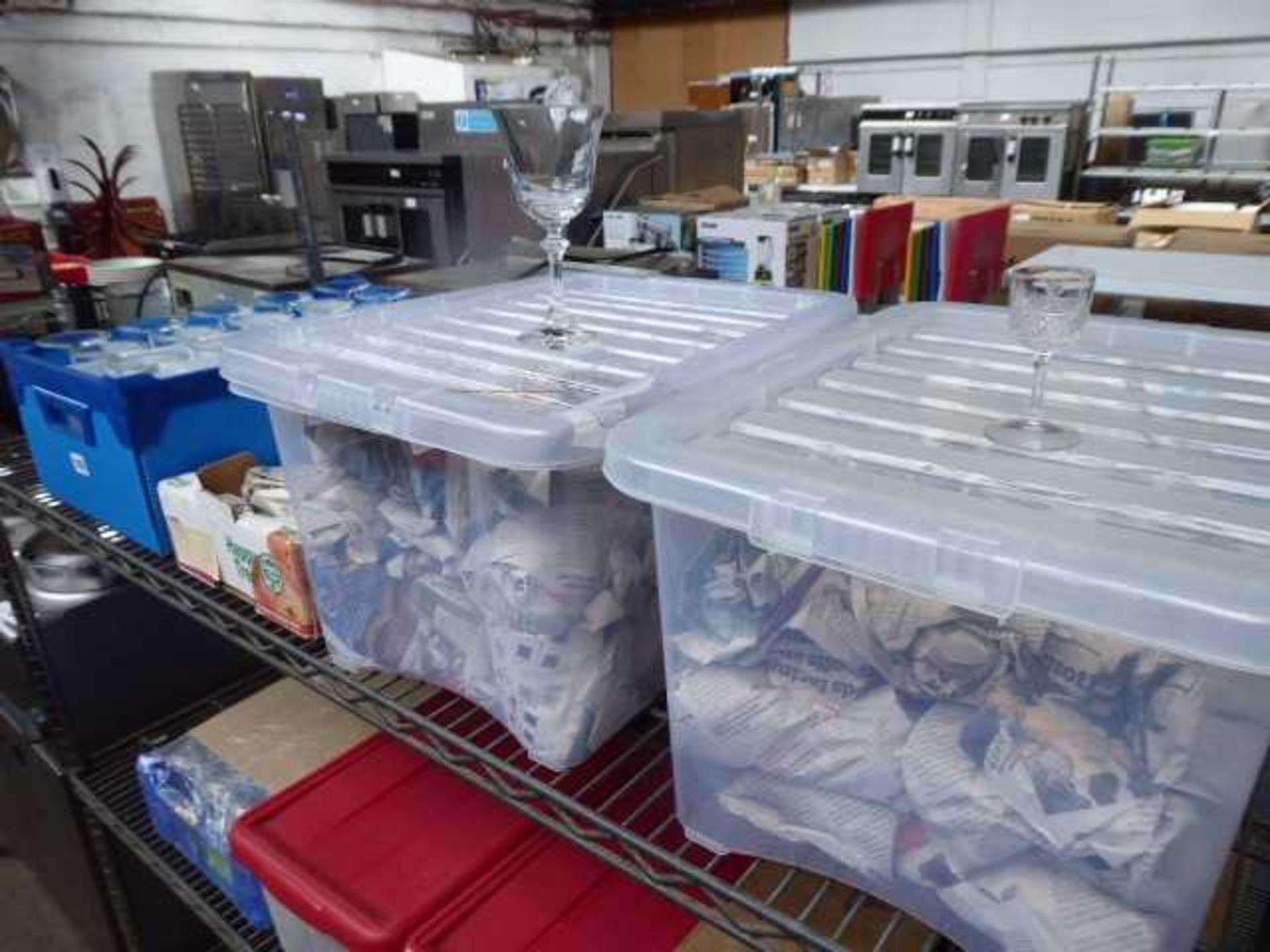 2 shelves of assorted glassware (8 boxes)