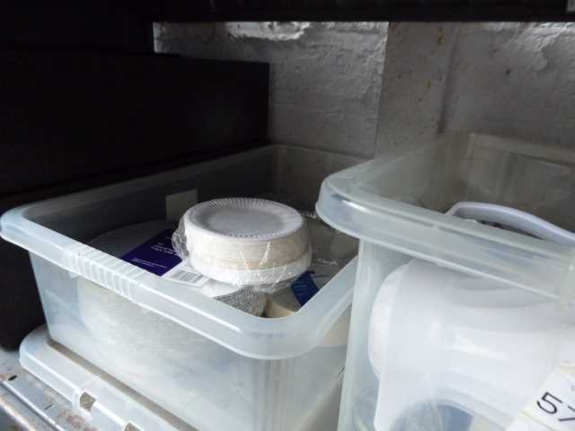 Shelf with 4 boxes of tapas type dishes, disposable containers, jugs, glassware, etc - Image 3 of 3