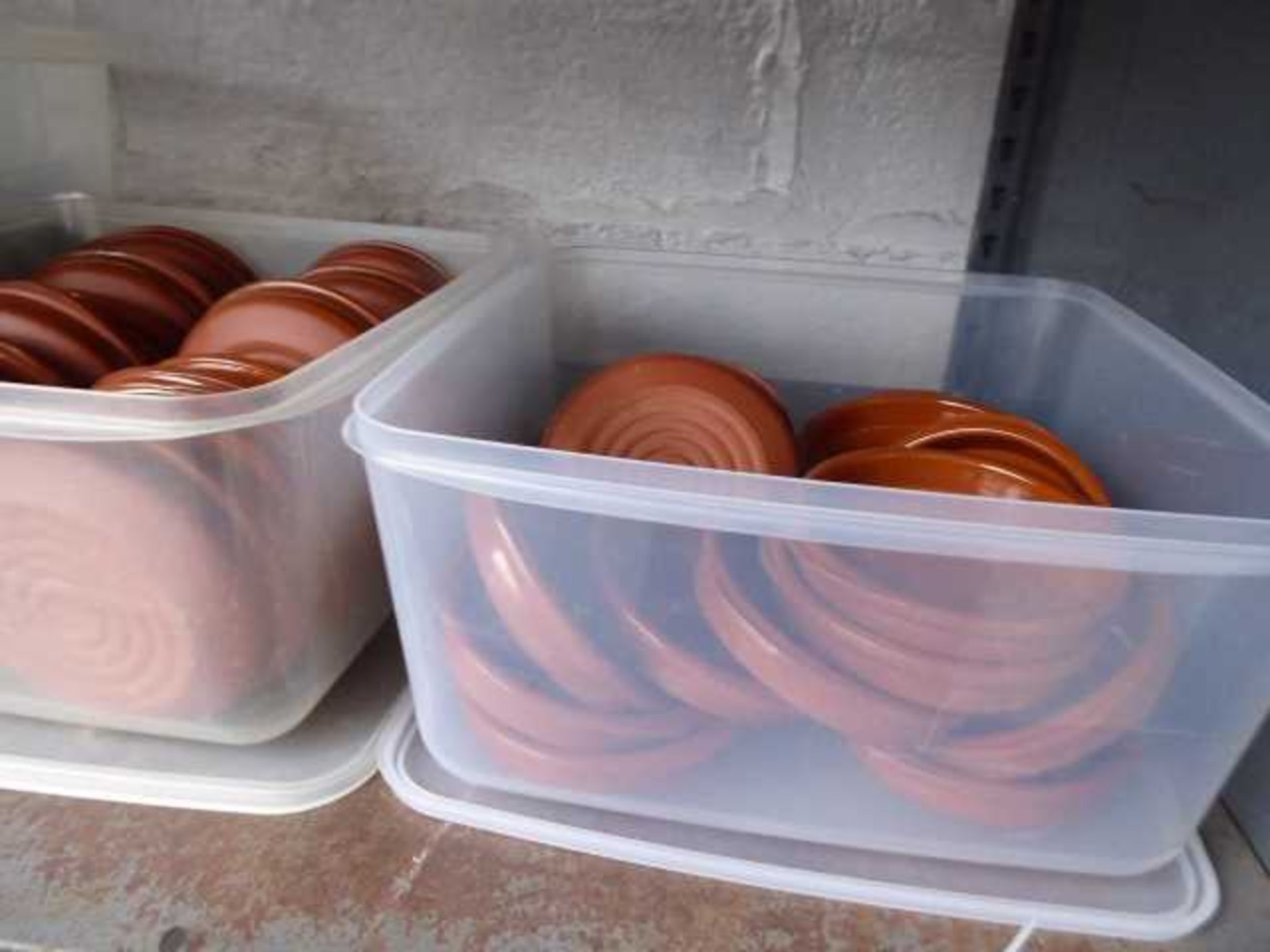 Shelf with 4 boxes of tapas type dishes, disposable containers, jugs, glassware, etc - Image 2 of 3