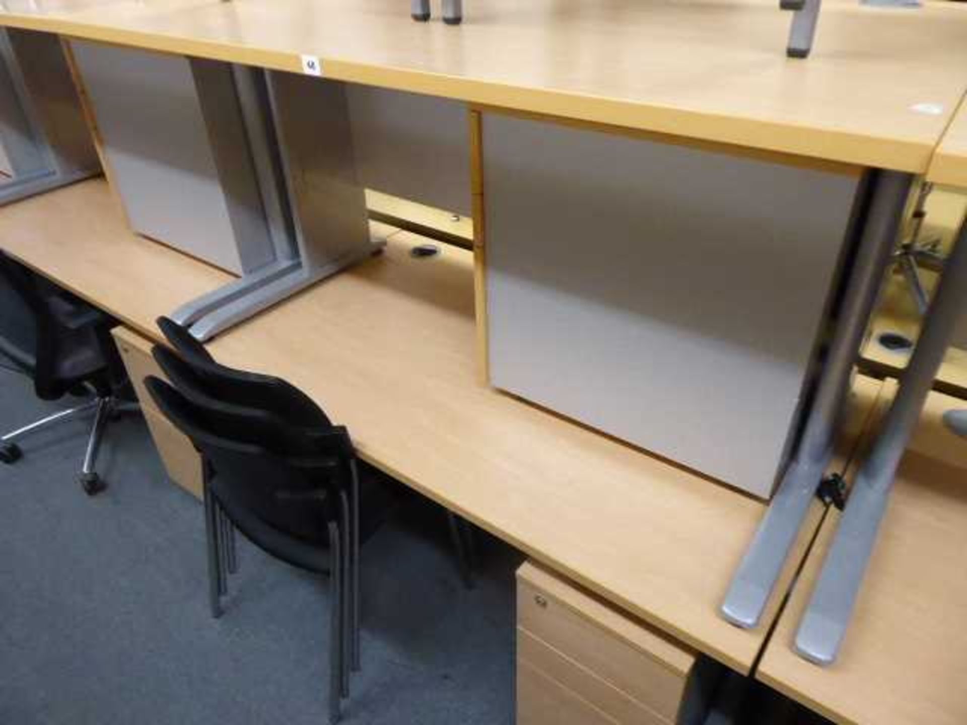 2 140cm beech straight front desks on cantilever legs with under desk 3 drawer pedestals