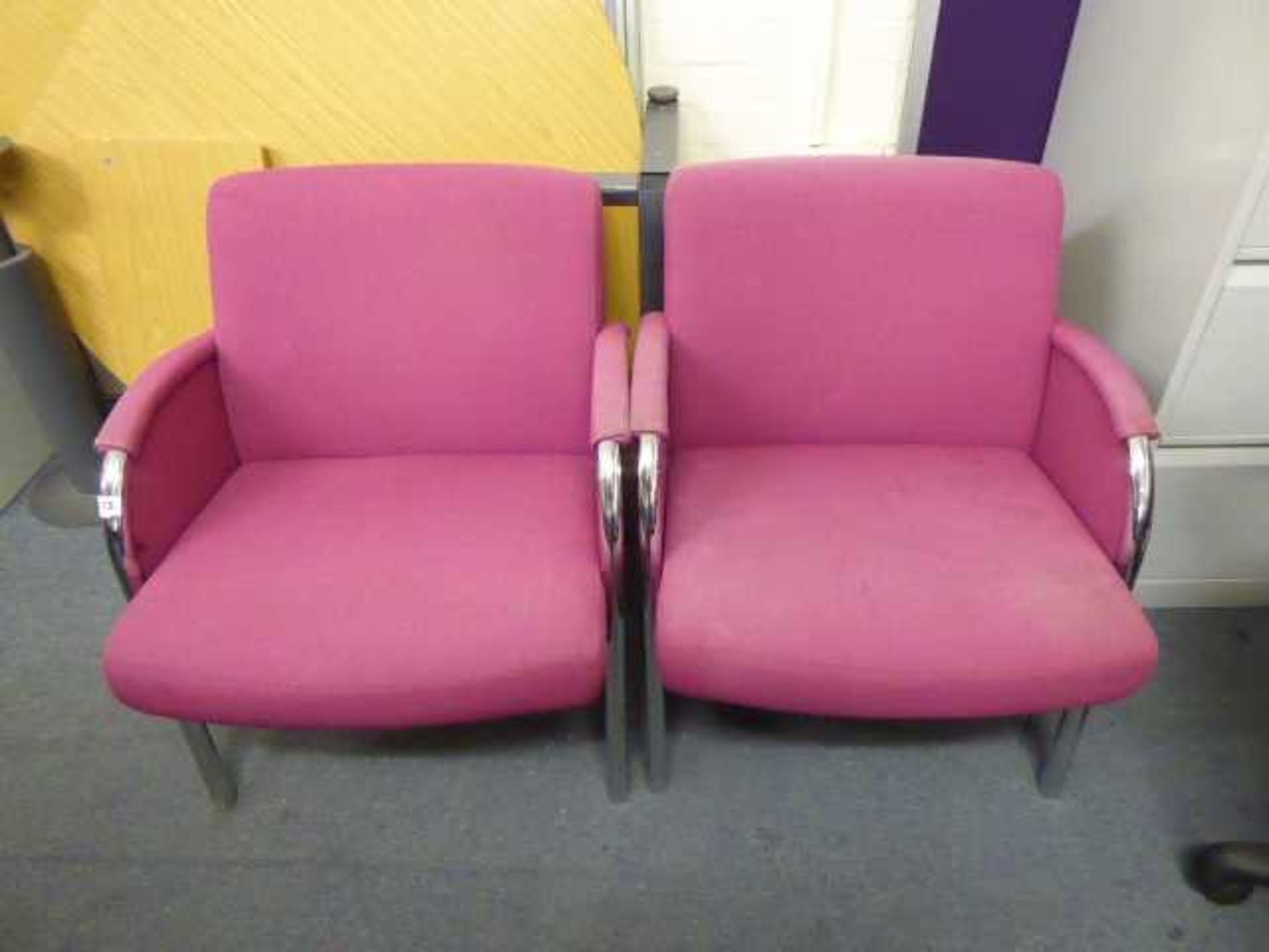 2 pink chrome frame cloth reception chairs