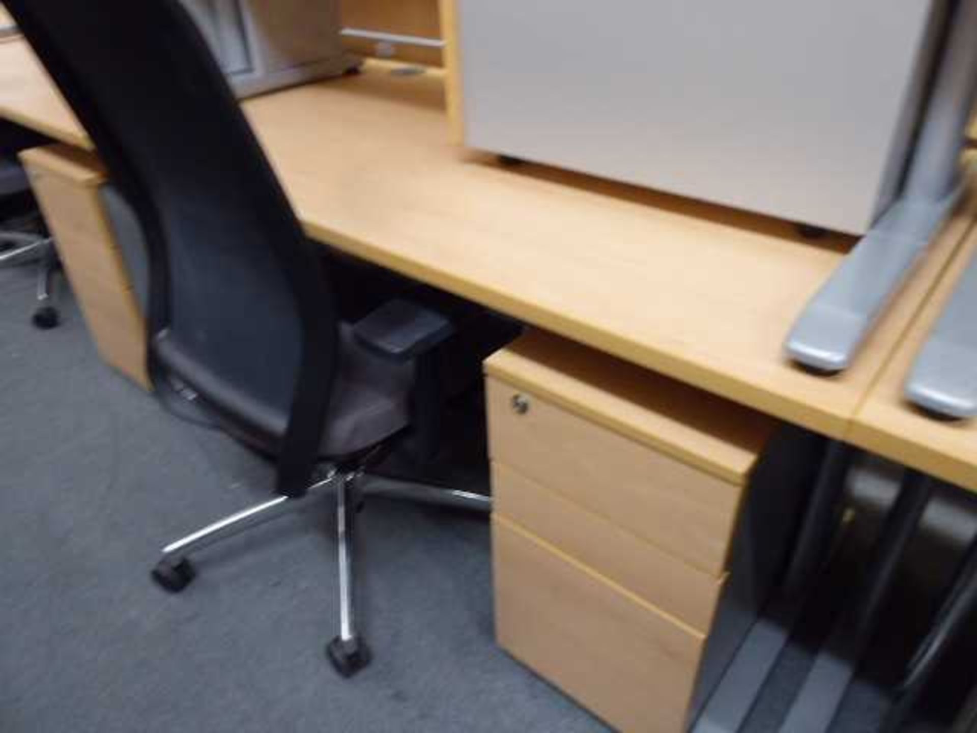 2 140cm beech straight front desks on cantilever legs with under desk 3 drawer pedestals - Image 2 of 2