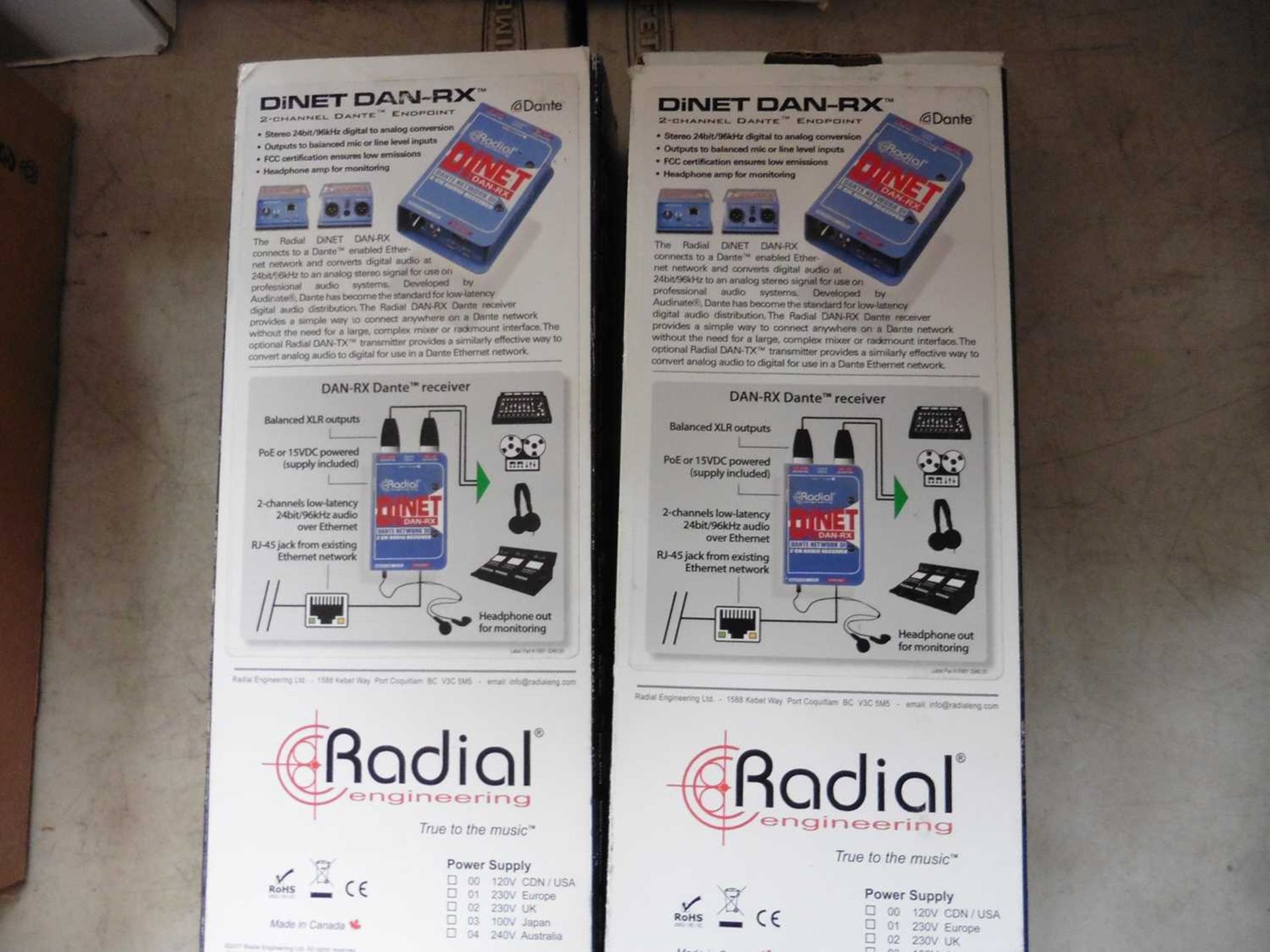 +VAT 2 Radial Engineering Dinet DANRX 2 channel Dant end point audio receivers with power supplies