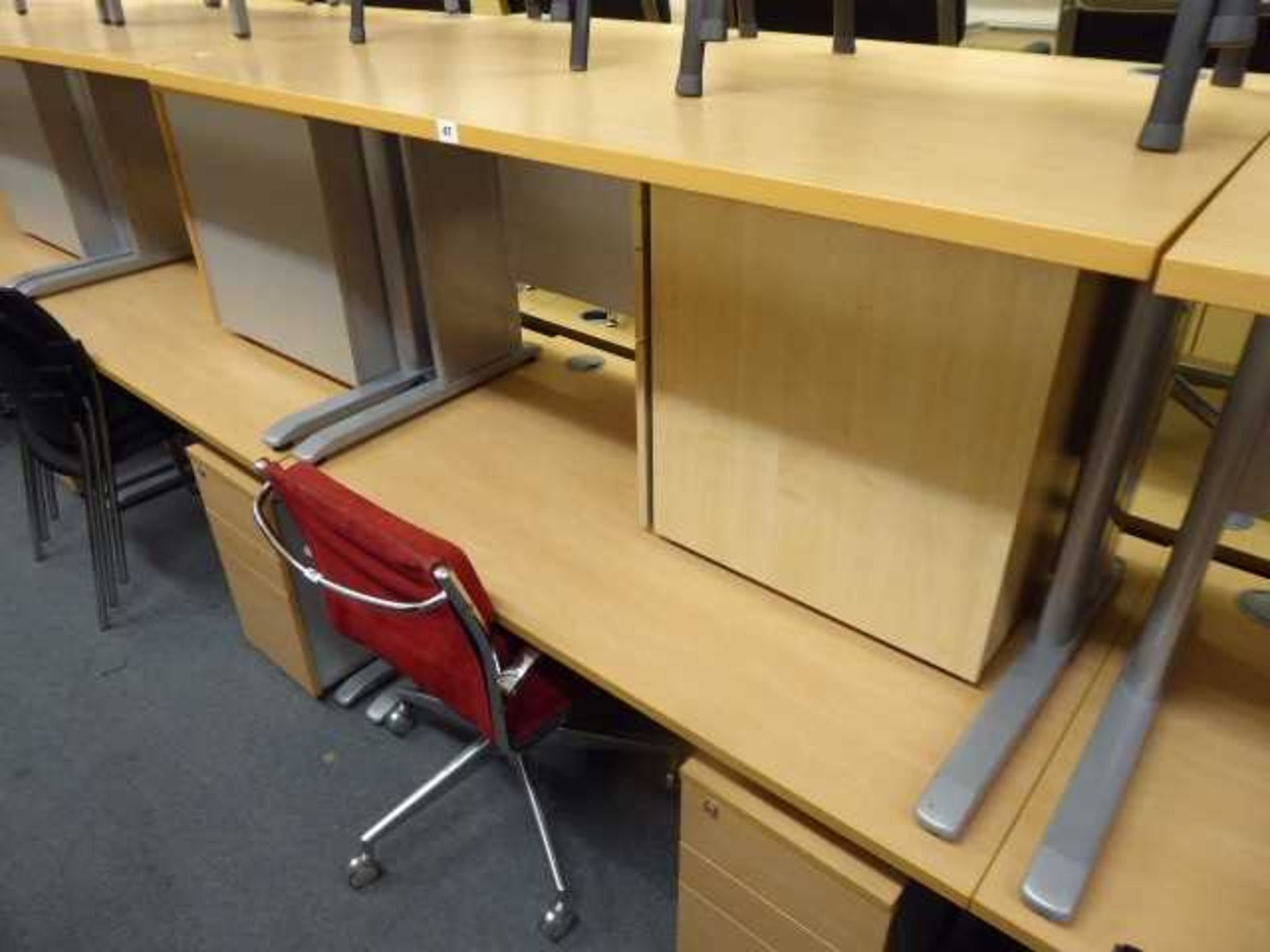 2 140cm beech straight front desks on cantilever legs with under desk 3 drawer pedestals